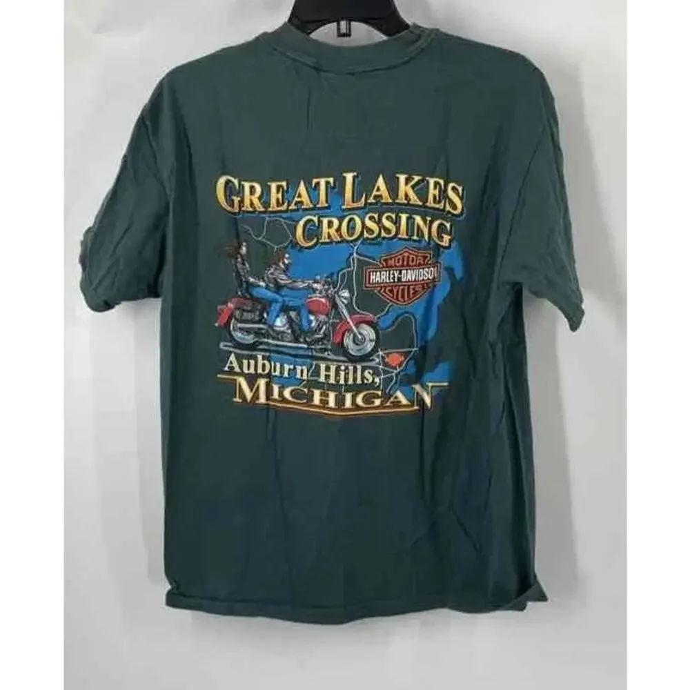 Vintage Harley-Davidson Mens Green Motorcycle Graphic T-Shirt Cotton Size L